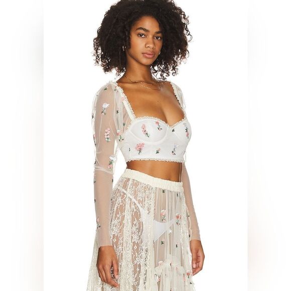REVOLVE MAJORELLE Lace Embroidered Bustier Long Sleeve Sheer Sexy Top - Picture 3 of 13